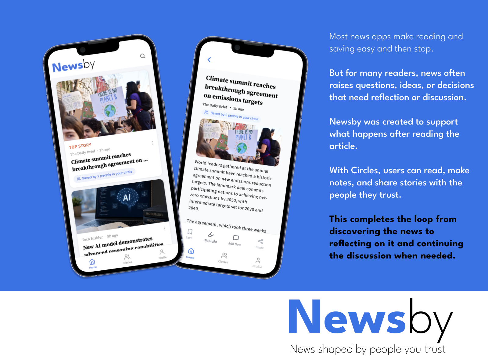 Newsby, two phones showing the home feed and article view, with the tagline: News shaped by people you trust