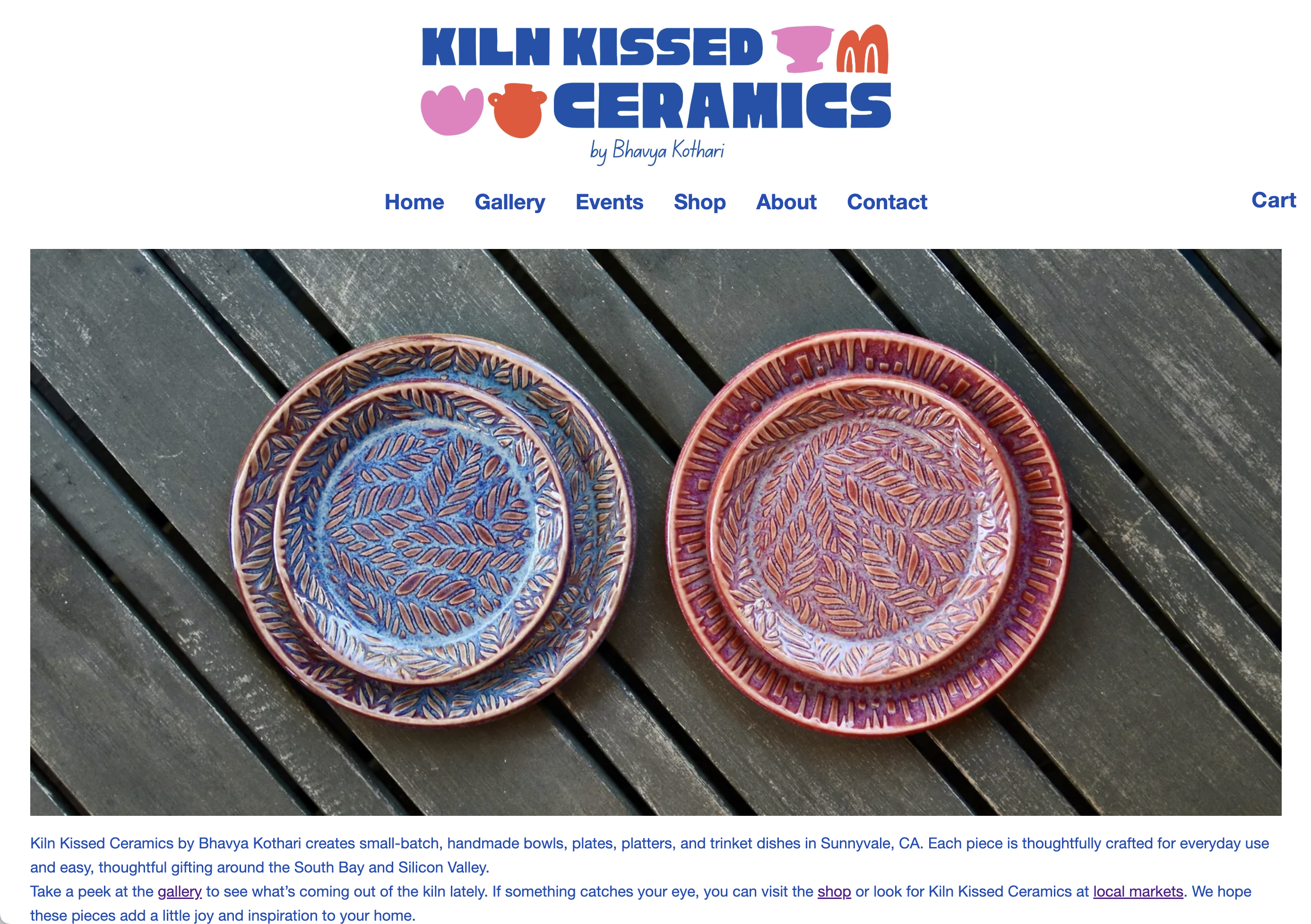 The original Kiln Kissed Ceramics homepage, with a Canva-style logo and dim, unstyled product photography