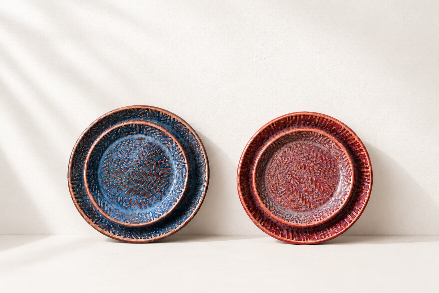 Plum and coral oval trays with matching round bowls
