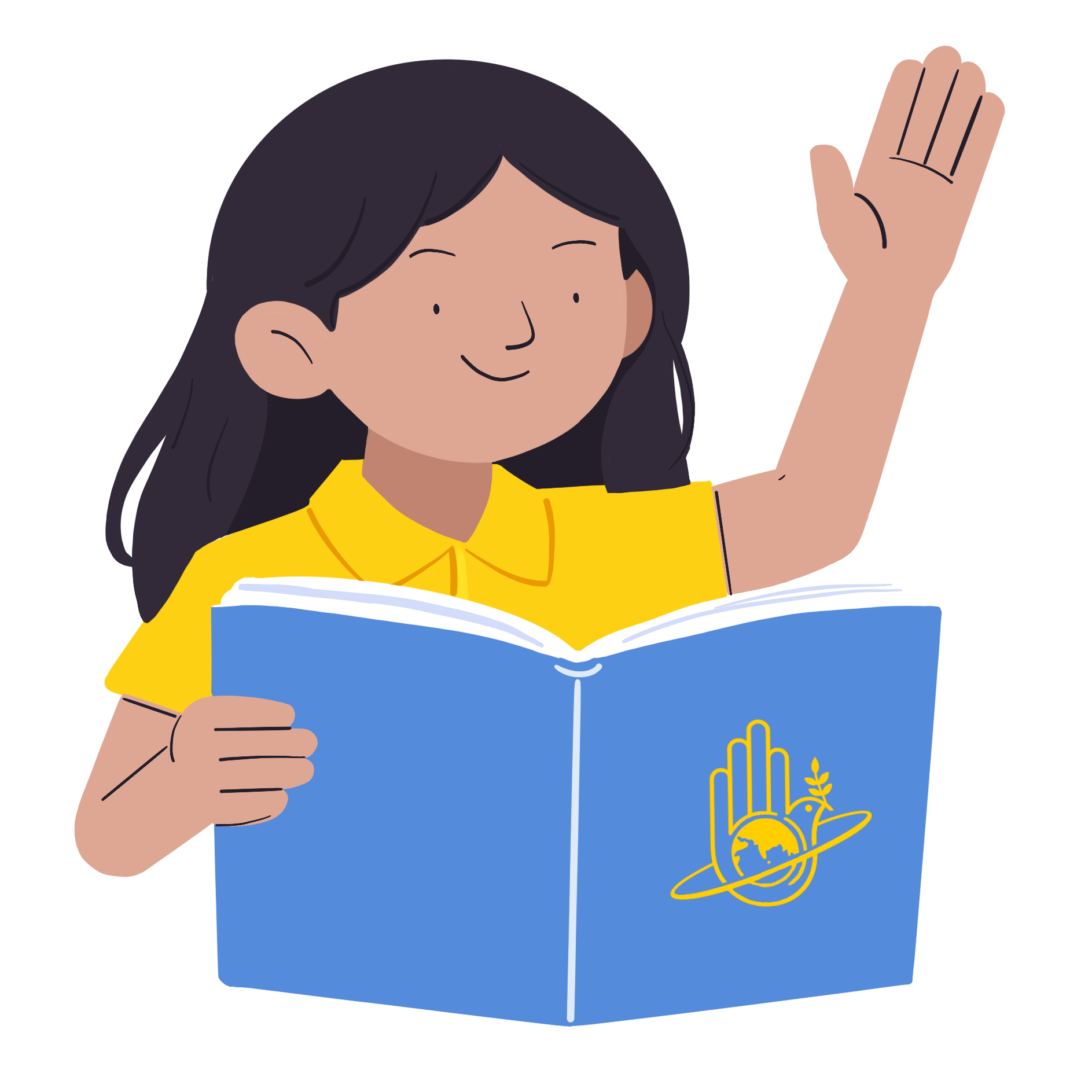 Girl reading and raising her hand